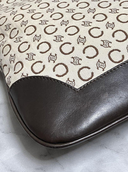 CELINE Shoulder Bag Purse C Macadam Canvas Leather Brown Off White Authentic