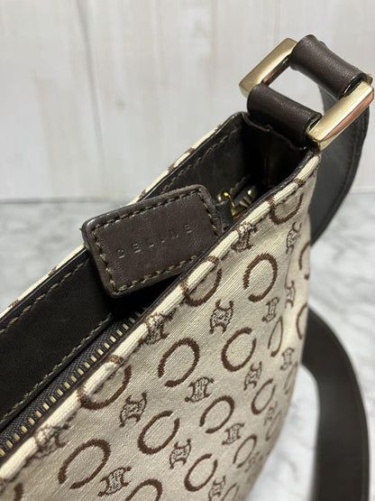 CELINE Shoulder Bag Purse C Macadam Canvas Leather Brown Off White Authentic
