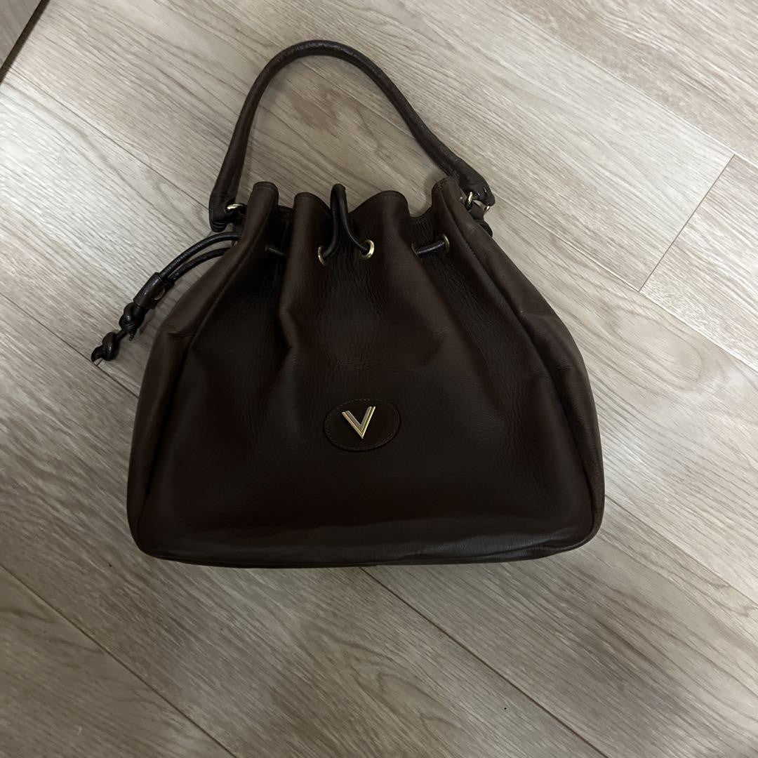 Valentino Hand Bag Tote Purse V Logo Dark Brown Authentic