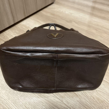Valentino Hand Bag Tote Purse V Logo Dark Brown Authentic