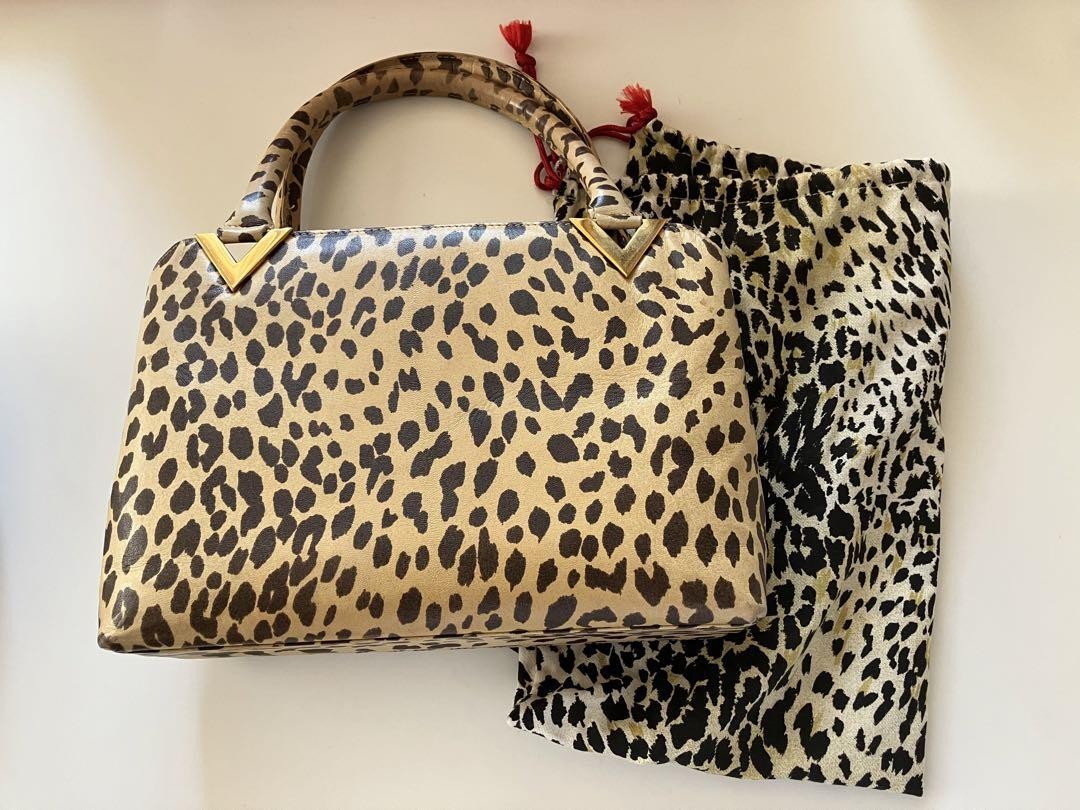 Valentino Hand Bag Tote Purse Leopard Beige Brown Authentic