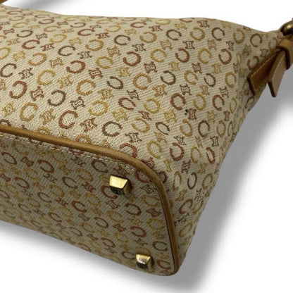 CELINE Accessory Pouch Shoulder Bag Purse C Macadam Canvas Leather Beige Auth