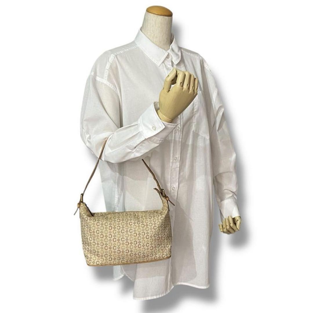 CELINE Accessory Pouch Shoulder Bag Purse C Macadam Canvas Leather Beige Auth