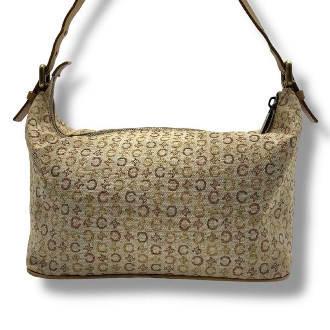 CELINE Accessory Pouch Shoulder Bag Purse C Macadam Canvas Leather Beige Auth