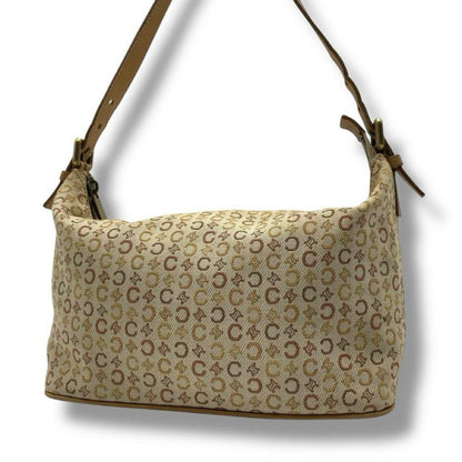 CELINE Accessory Pouch Shoulder Bag Purse C Macadam Canvas Leather Beige Auth