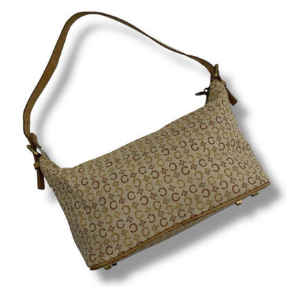 CELINE Accessory Pouch Shoulder Bag Purse C Macadam Canvas Leather Beige Auth