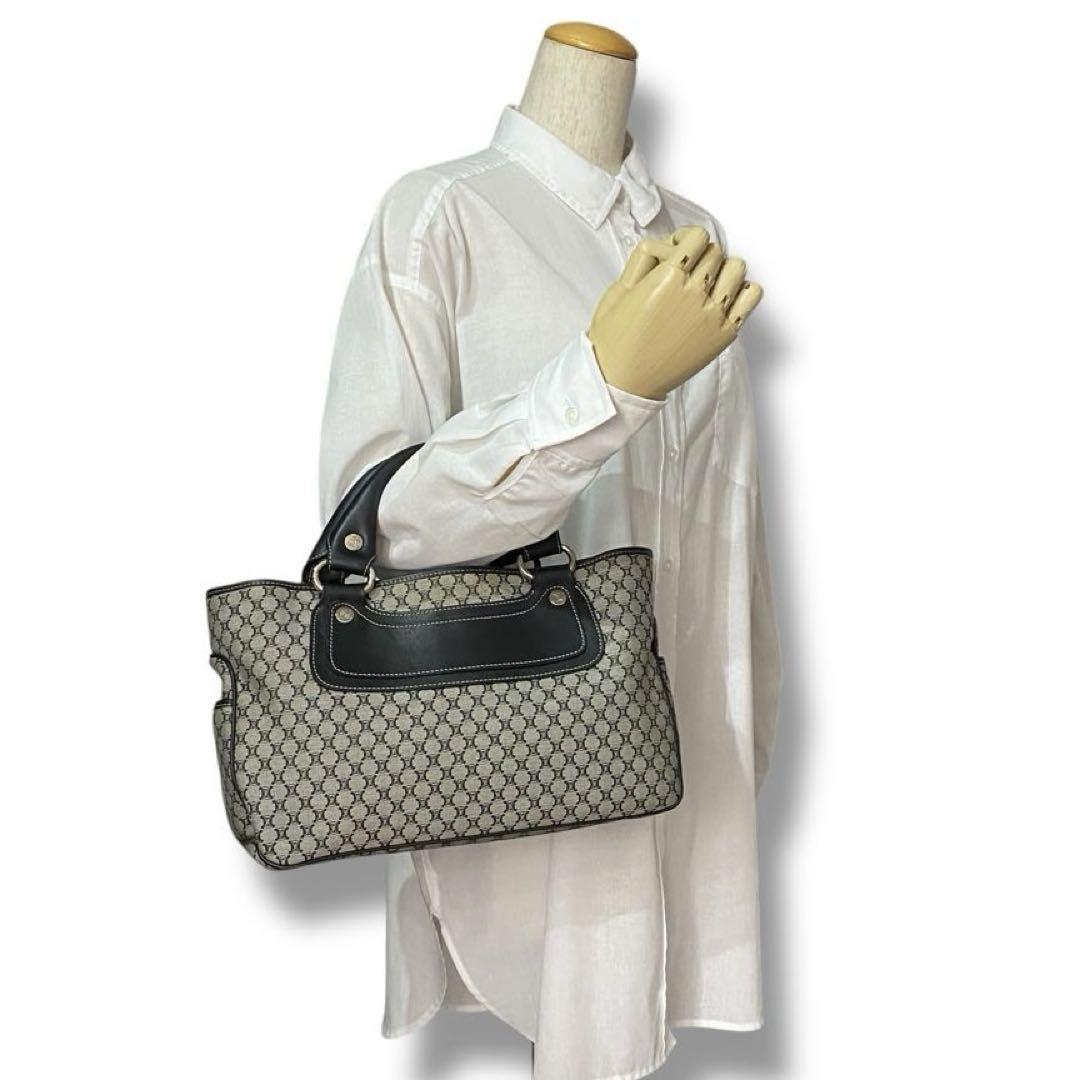 CELINE Hand Bag Tote Purse Boogie Macadam Nylon Canvas Leather Gray Authentic