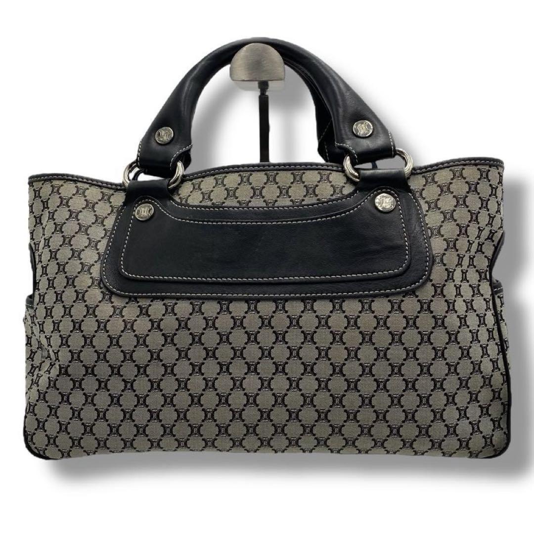 CELINE Hand Bag Tote Purse Boogie Macadam Nylon Canvas Leather Gray Authentic
