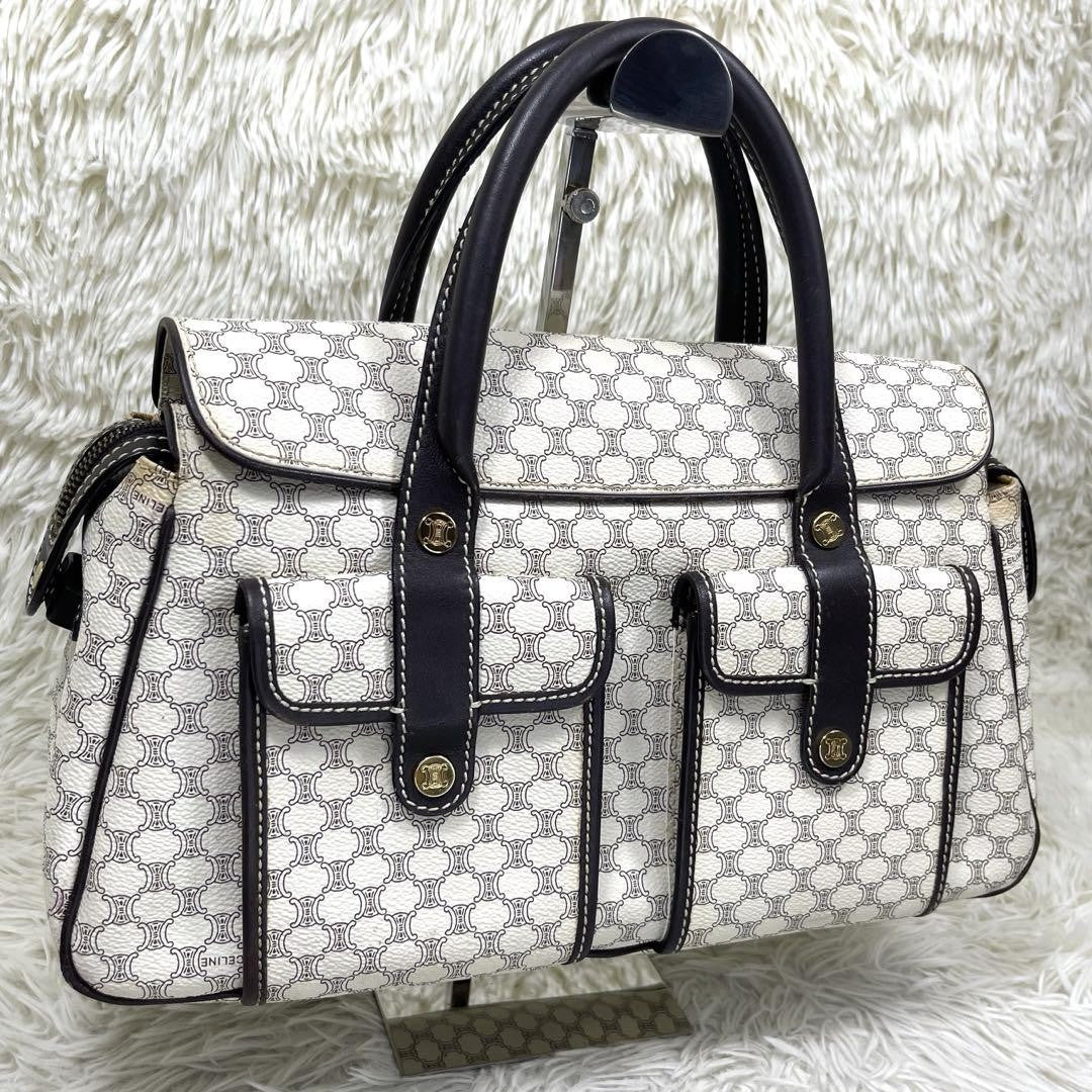 CELINE Hand Bag Tote Purse Macadam PVC Leather White Authentic