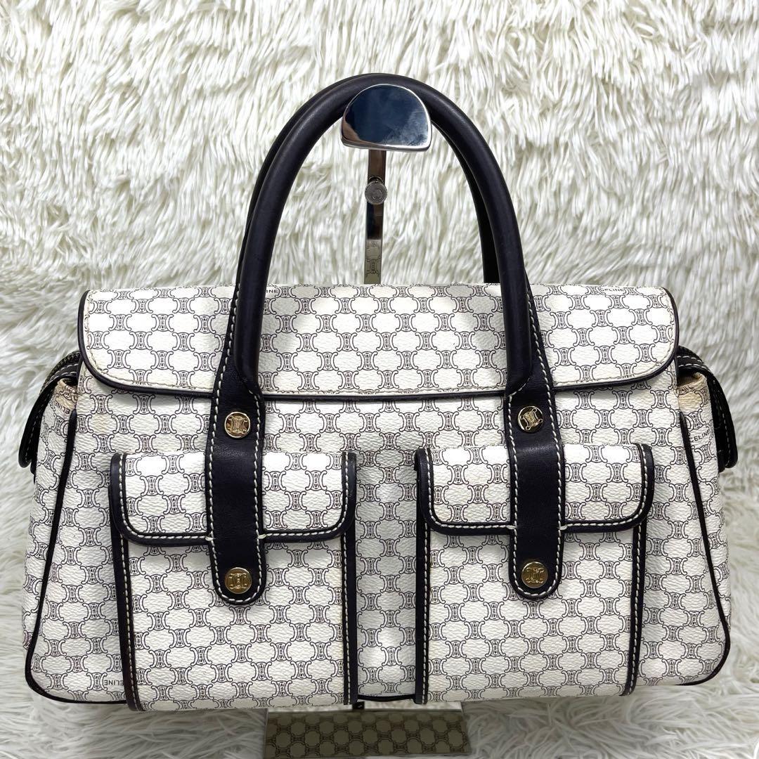 CELINE Hand Bag Tote Purse Macadam PVC Leather White Authentic