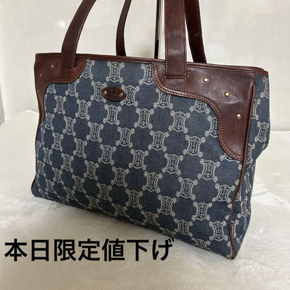 CELINE Hand Bag Tote Purse Macadam Navy Brown Authentic