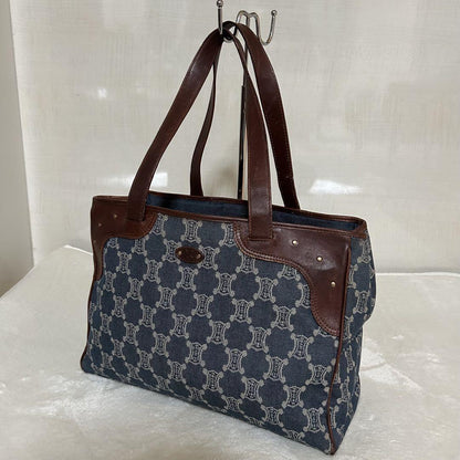 CELINE Hand Bag Tote Purse Macadam Navy Brown Authentic