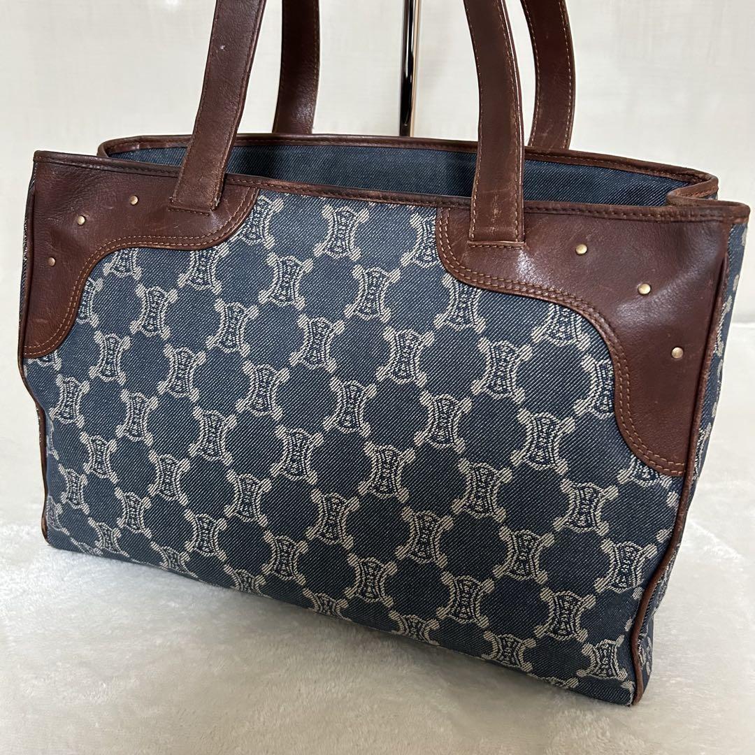 CELINE Hand Bag Tote Purse Macadam Navy Brown Authentic