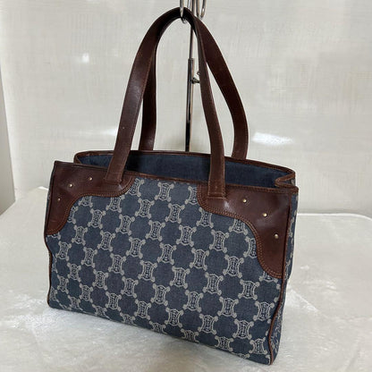 CELINE Hand Bag Tote Purse Macadam Navy Brown Authentic