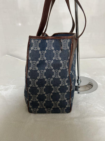 CELINE Hand Bag Tote Purse Macadam Navy Brown Authentic
