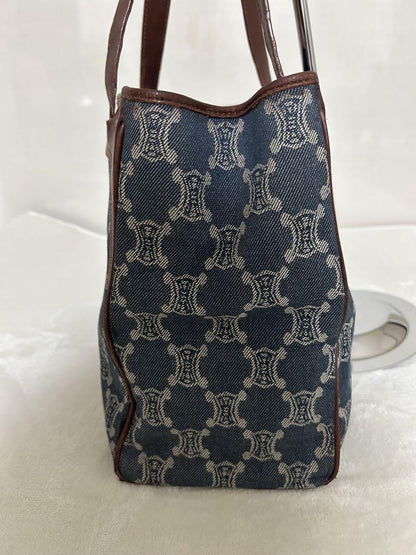 CELINE Hand Bag Tote Purse Macadam Navy Brown Authentic