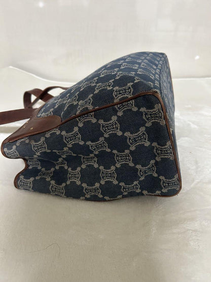 CELINE Hand Bag Tote Purse Macadam Navy Brown Authentic