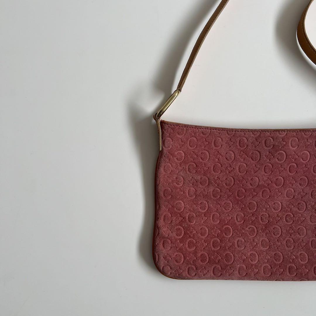 CELINE Shoulder Bag Purse C Macadam Suede Pink Camel Authentic