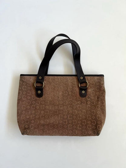 CELINE Hand Bag Tote Purse C Macadam Suede Leather Brown Authentic