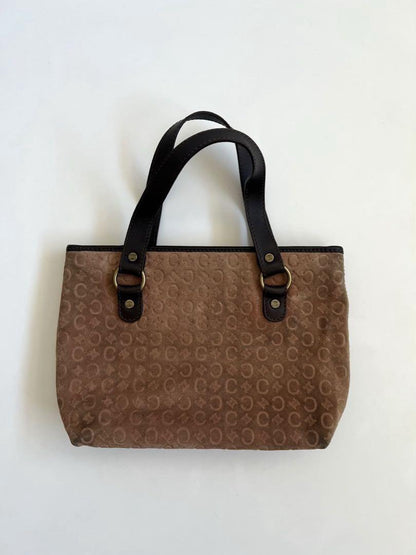 CELINE Hand Bag Tote Purse C Macadam Suede Leather Brown Authentic
