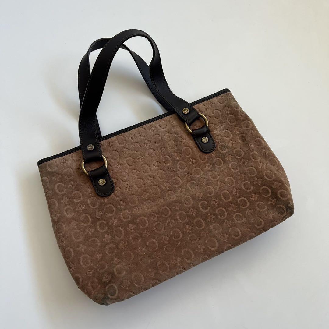 CELINE Hand Bag Tote Purse C Macadam Suede Leather Brown Authentic