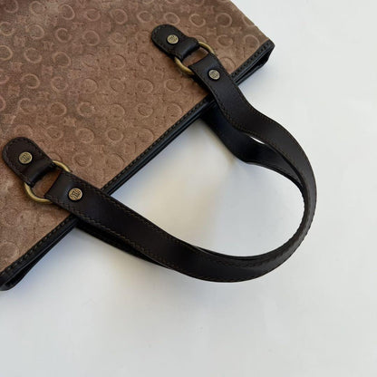 CELINE Hand Bag Tote Purse C Macadam Suede Leather Brown Authentic