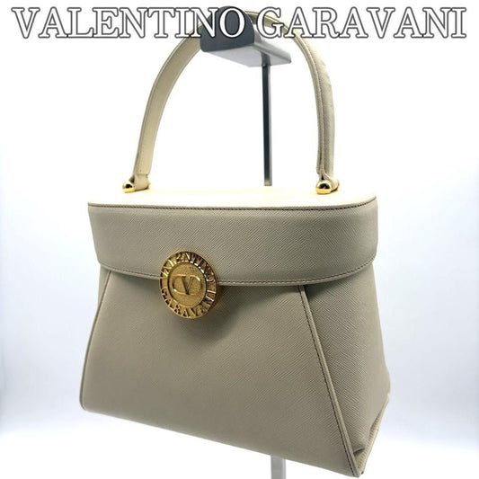 Valentino Garavani Hand Bag Tote Purse Logo Leather Beige Authentic