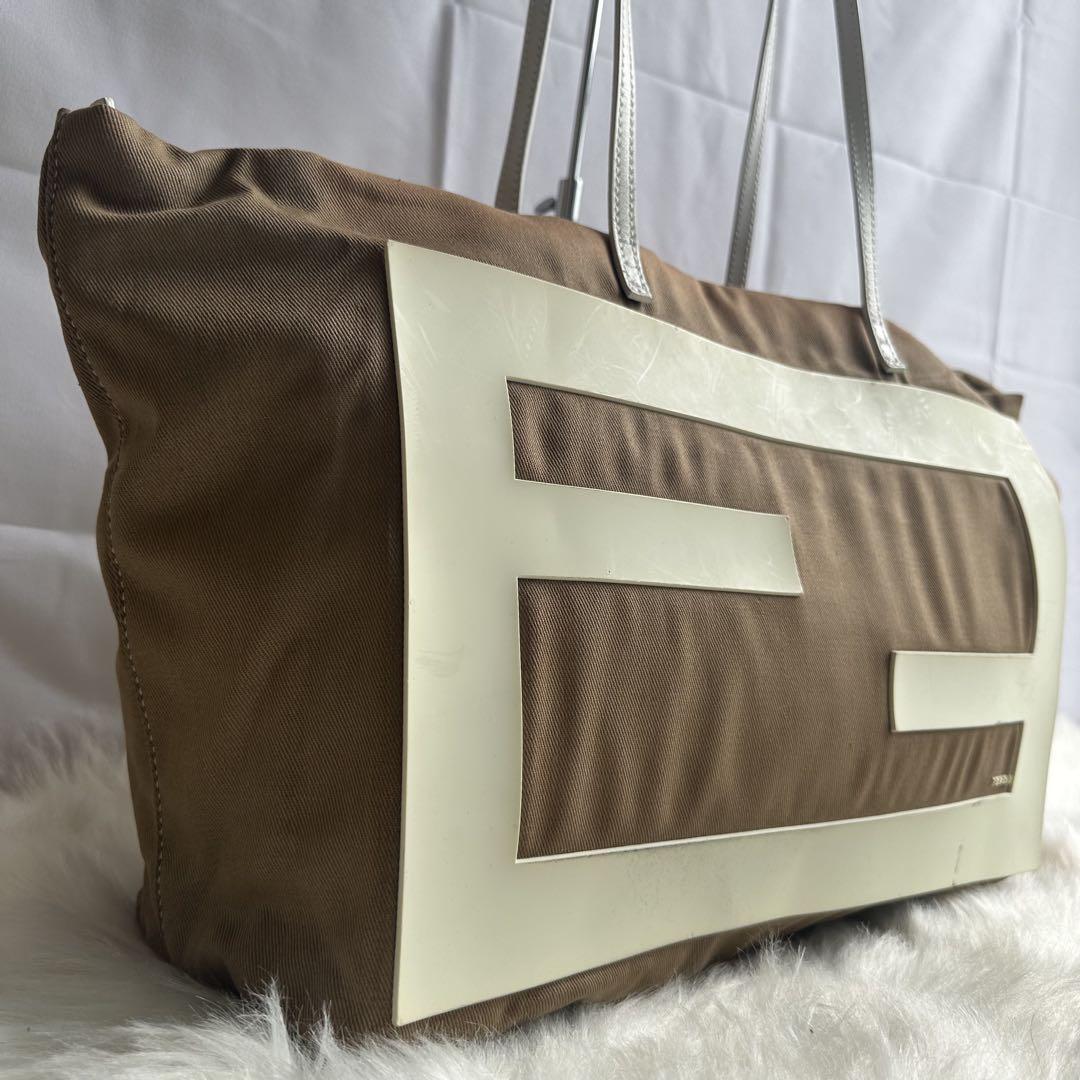FENDI Hand Bag Tote Purse FF Logo Canvas Leather Brown Beige Authentic