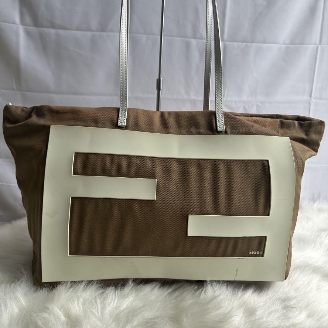 FENDI Hand Bag Tote Purse FF Logo Canvas Leather Brown Beige Authentic
