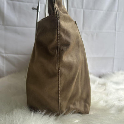 FENDI Hand Bag Tote Purse FF Logo Canvas Leather Brown Beige Authentic