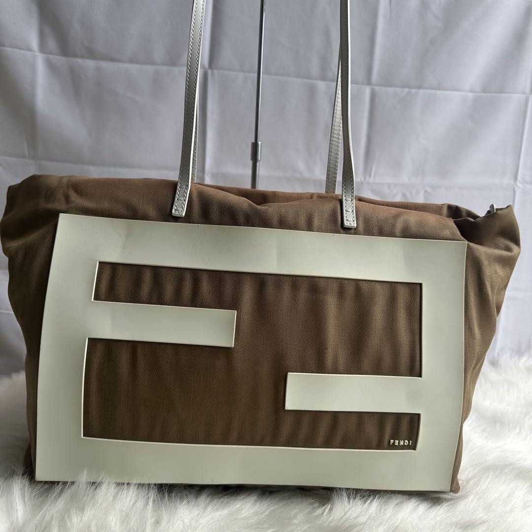 FENDI Hand Bag Tote Purse FF Logo Canvas Leather Brown Beige Authentic