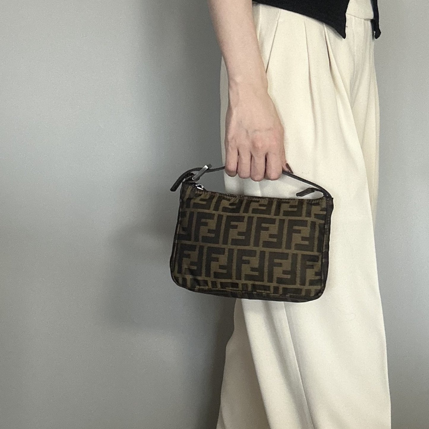 FENDI Handbag FF Zucca Pouch Vanity Canvas Beige Brown Vintage Authentic Used