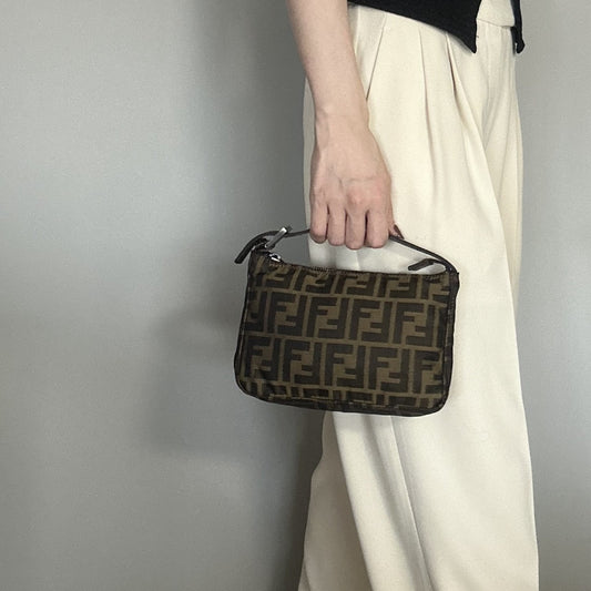 FENDI Handbag FF Zucca Pouch Vanity Canvas Beige Brown Vintage Authentic Used