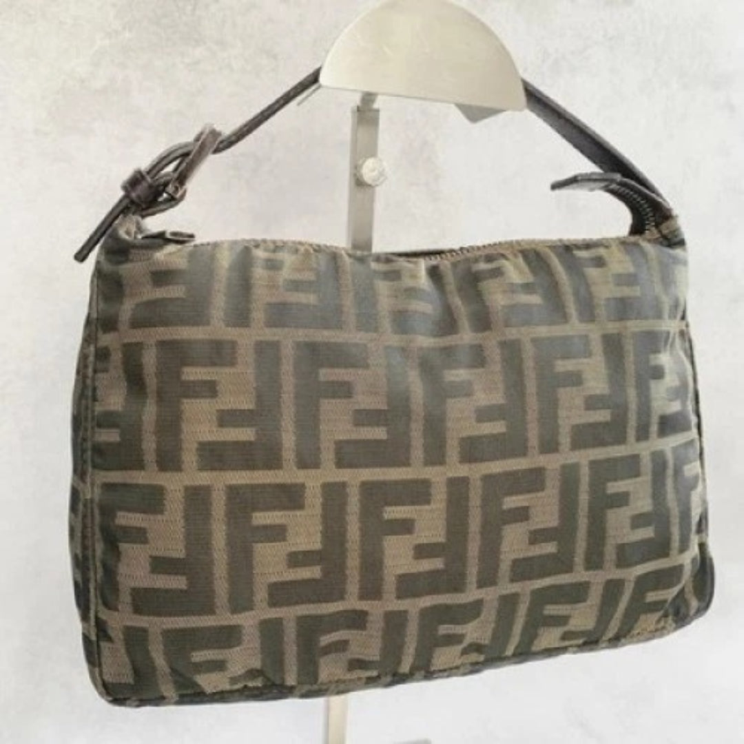 FENDI Handbag FF Zucca Pouch Vanity Canvas Beige Brown Vintage Authentic Used
