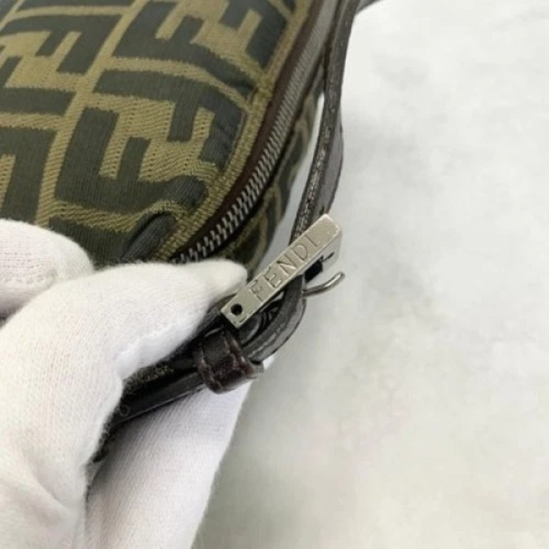 FENDI Handbag FF Zucca Pouch Vanity Canvas Beige Brown Vintage Authentic Used