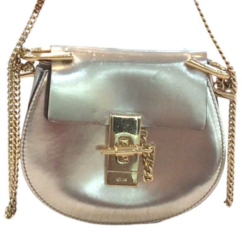 Chloe Shoulder Bag Purse Drew Chain Leather Metallic Silver Authentic