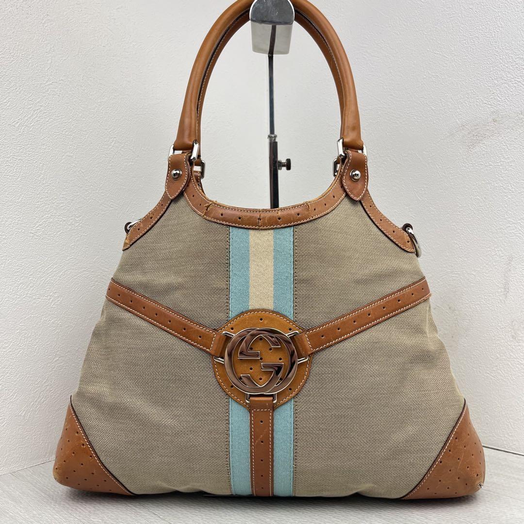 GUCCI Hand Shoulder Bag Tote Purse Sherry Line Interlocking Canvas Leather Brown