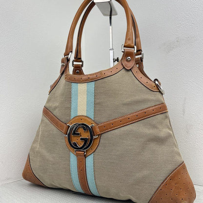 GUCCI Hand Shoulder Bag Tote Purse Sherry Line Interlocking Canvas Leather Brown