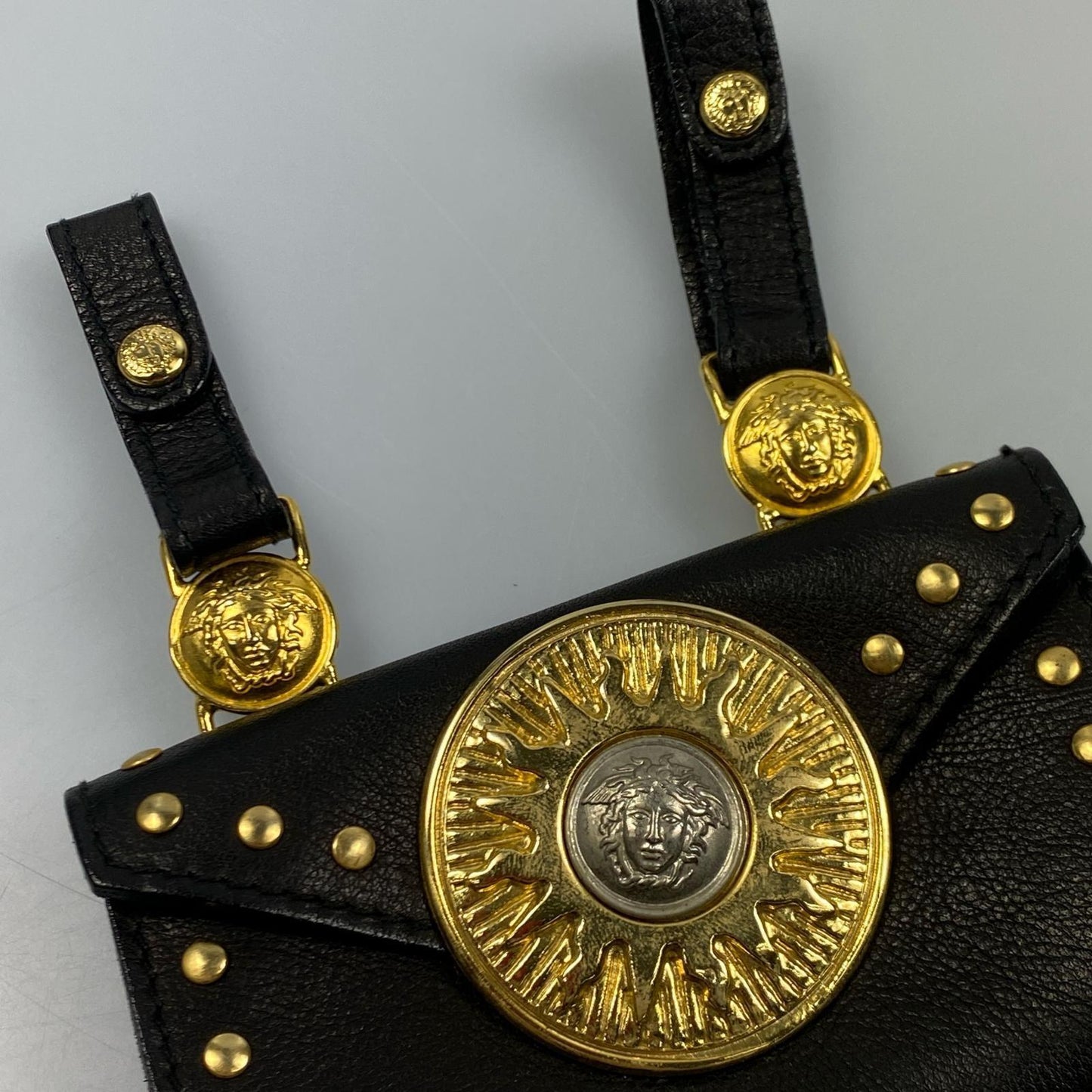 VERSACE Accessory Pouch Hand Pouch Sunburst Leather Authentic