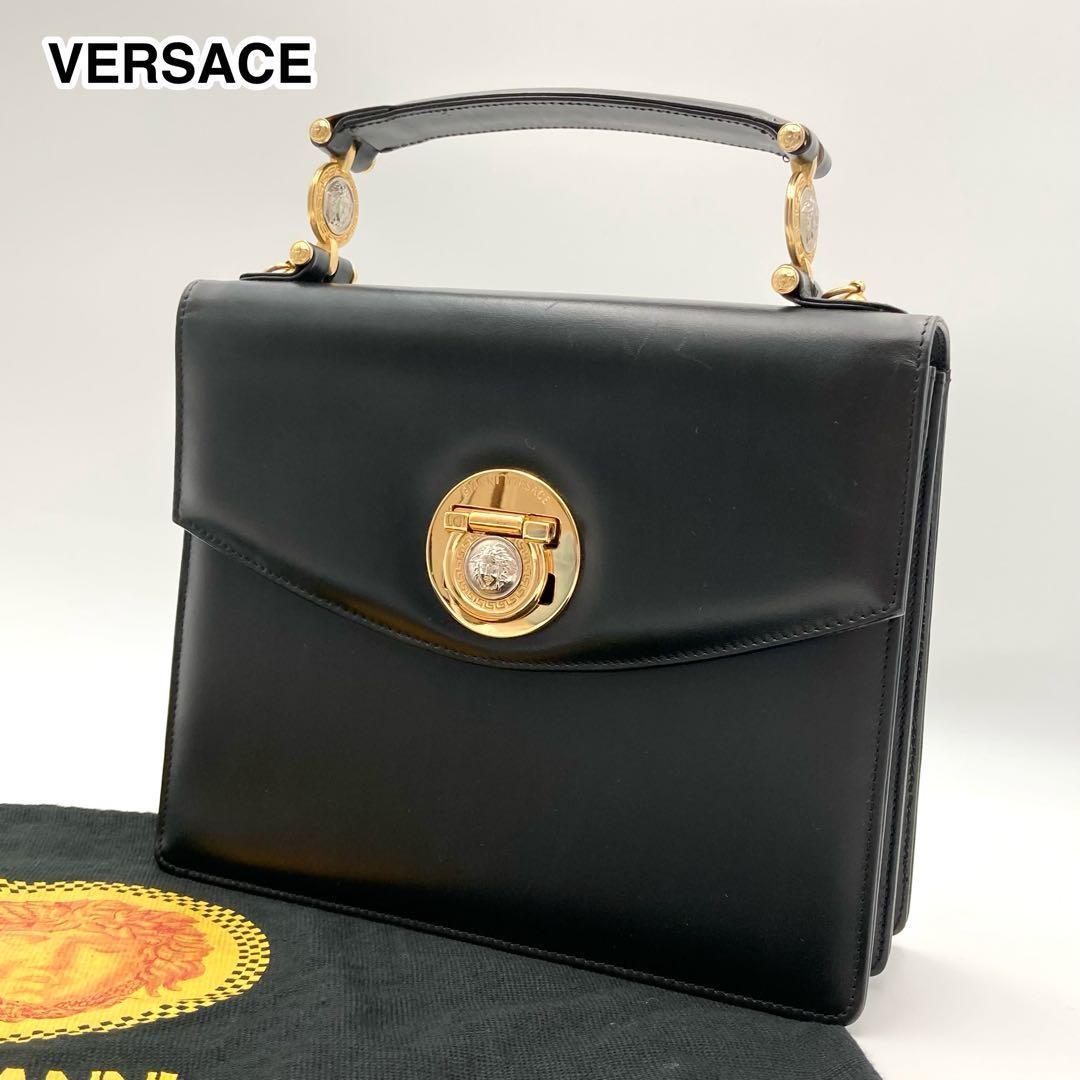 VERSACE Hand Bag Tote Purse Medusa Leather Black Authentic