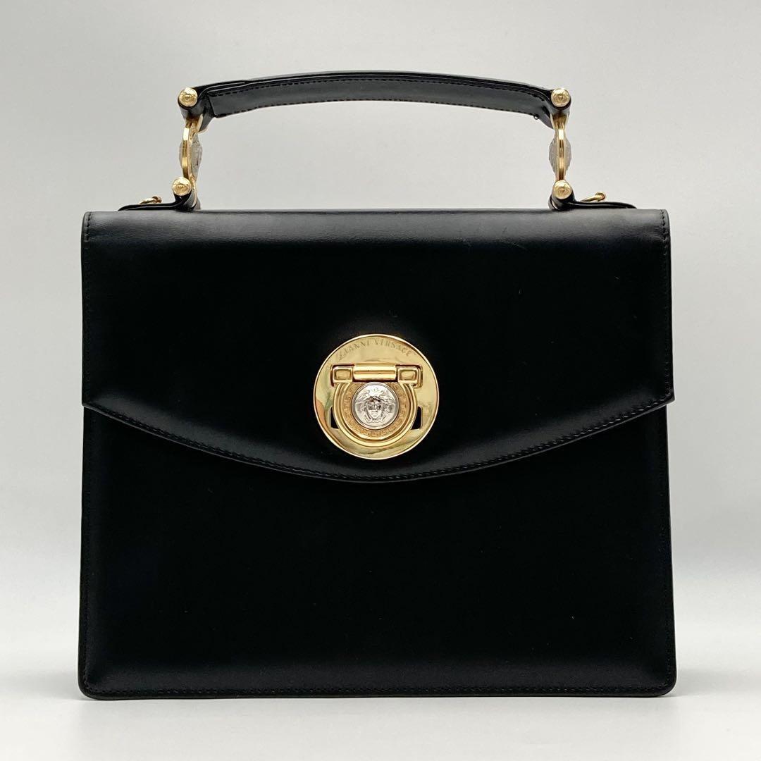 VERSACE Hand Bag Tote Purse Medusa Leather Black Authentic