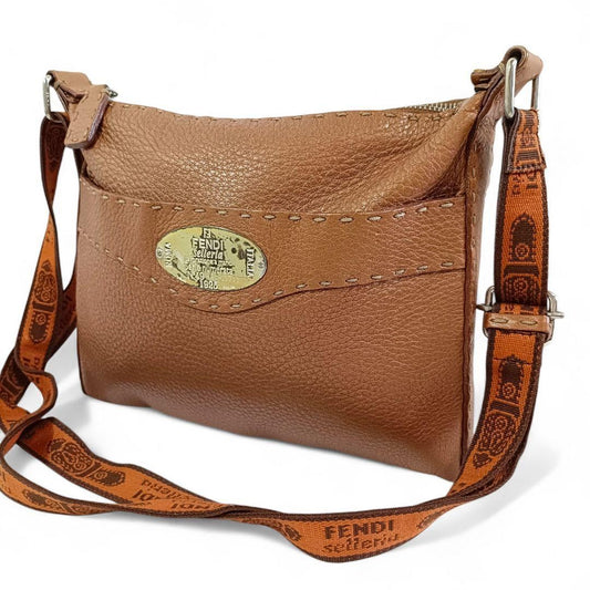 FENDI Shoulder Bag Purse Selleria Leather Brown Authentic