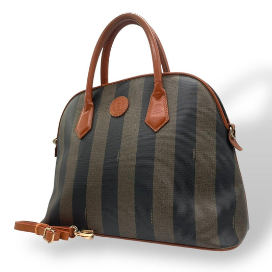 FENDI Boston Bag Hand Tote Purse FF Pecan PVC Leather Navy Brown Authentic
