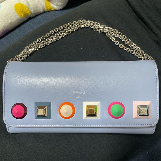 FENDI Chain Wallet Shoulder Bag Purse Studs Light Blue Multicolor Authentic