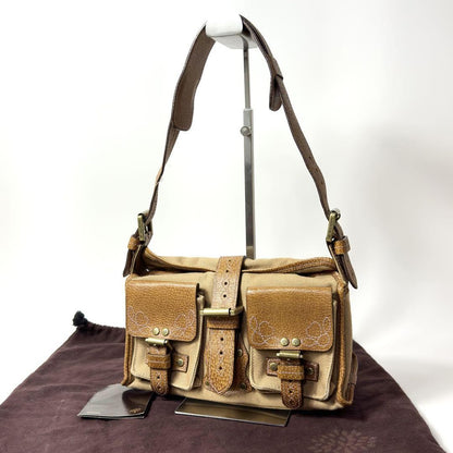 MULBERRY Shoulder Bag Purse Leather Canvas Beige Brown Authentic