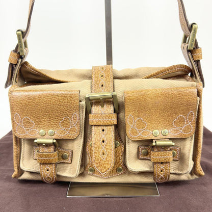 MULBERRY Shoulder Bag Purse Leather Canvas Beige Brown Authentic