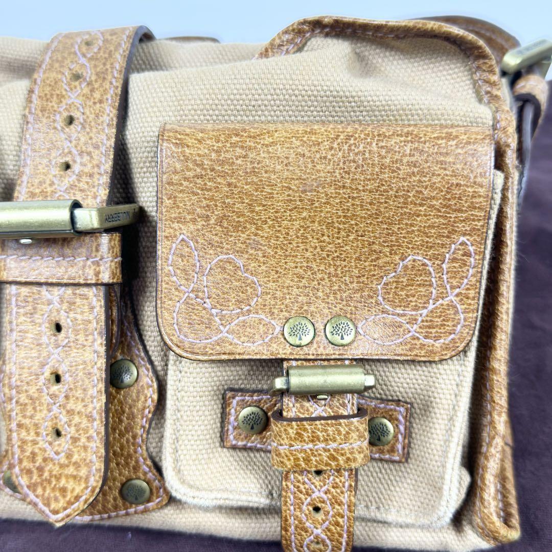 MULBERRY Shoulder Bag Purse Leather Canvas Beige Brown Authentic