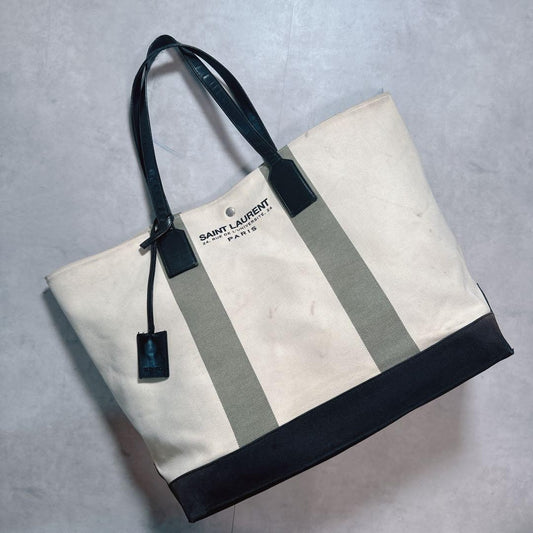 Saint Laurent Paris Hand Bag Tote Purse Canvas Beige Authentic