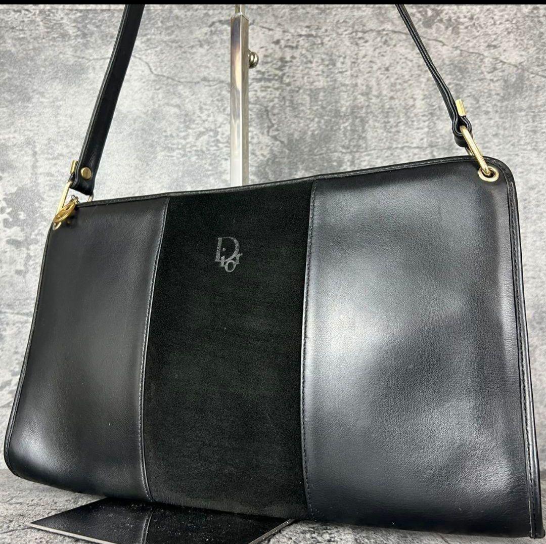 Christian Dior Shoulder Bag Purse Logo Suede Leather Black Authentic