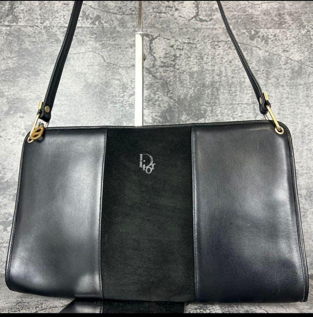 Christian Dior Shoulder Bag Purse Logo Suede Leather Black Authentic